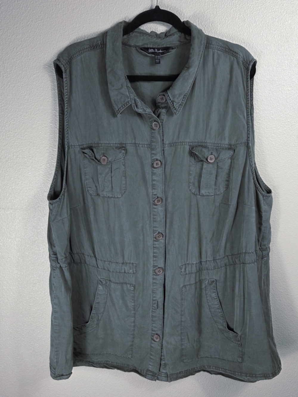Ulla Popken Lyocell Utility‎ Vest Top Green Button Front Pockets Plus Size 1X